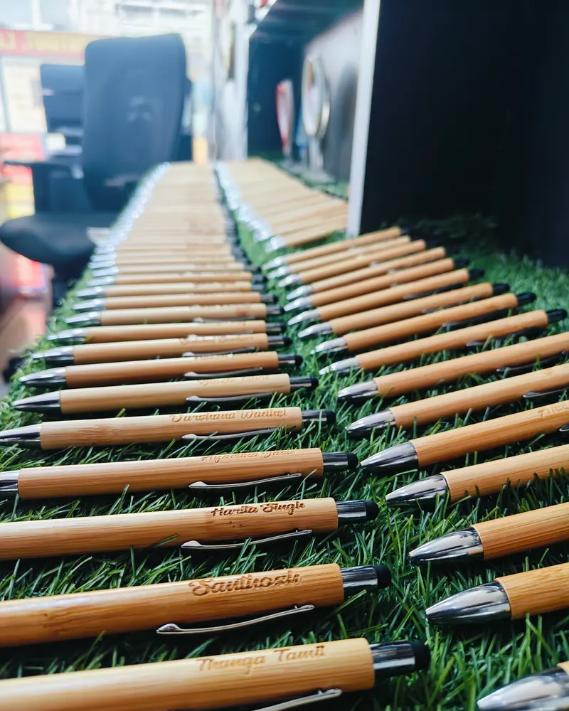 Rows of personalised pens after engraving