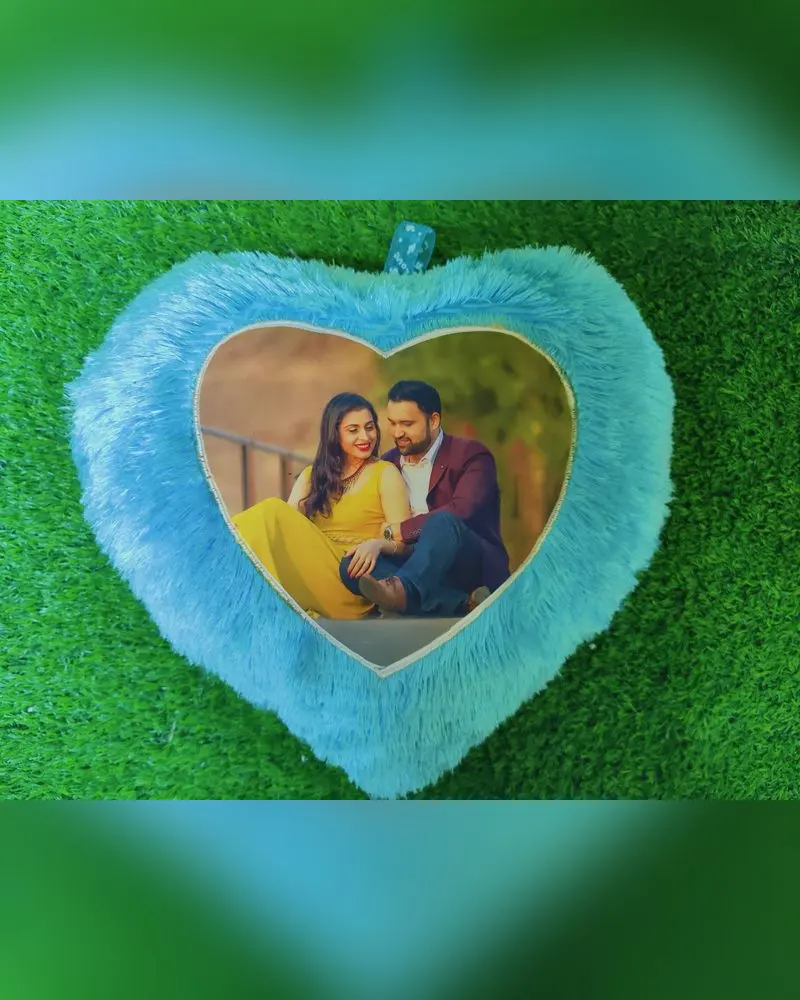 Blue heart-shaped photo pillow