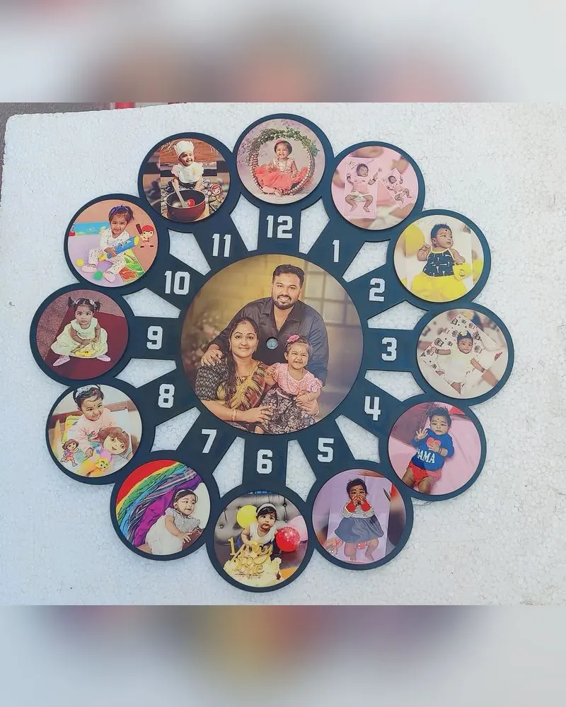 Wall clock with many round photos